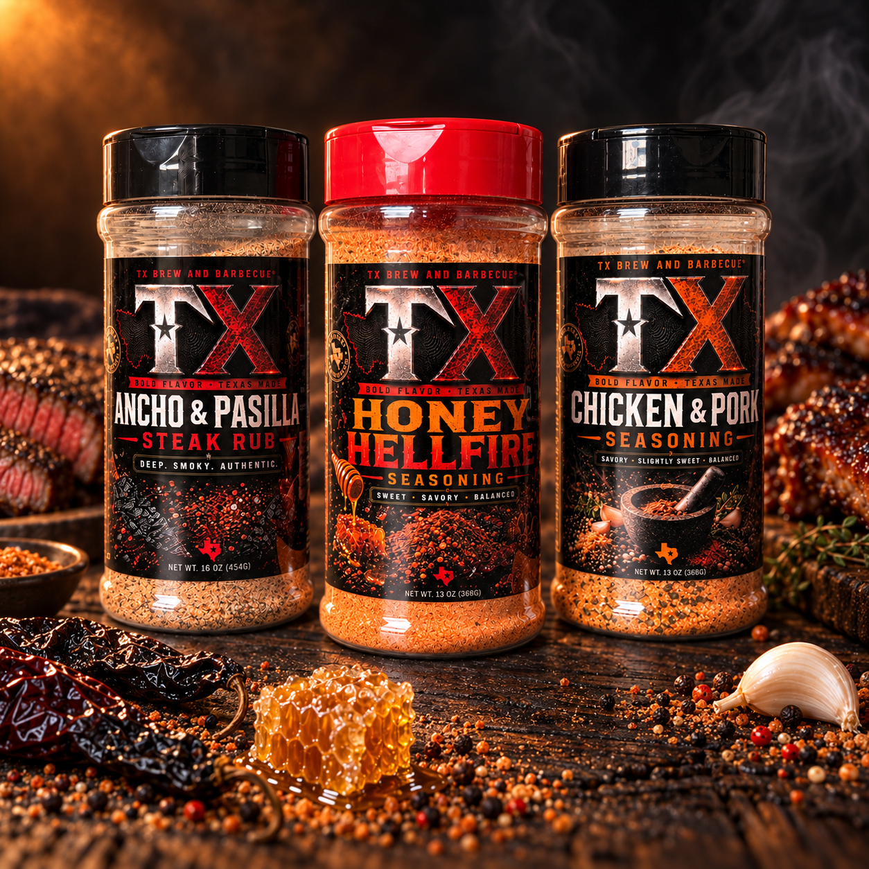 Ancho & Pasilla, Honey Hellfire, and Chicken & Pork rubs in the Texas Three-Pack